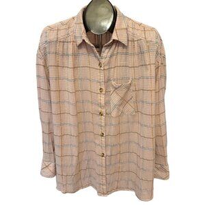 Free People Break My Stride Metallic Plaid Tunic Button-Up Shirt Women's M Pink